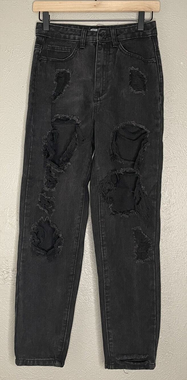 Missguided Women's Petite Rip distressed Ripped high wasted Black Jeans Sz US:0